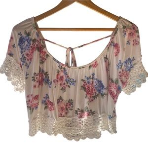 Cozy Casual Floral and Lace Off-Shoulder Crop Top, OS
